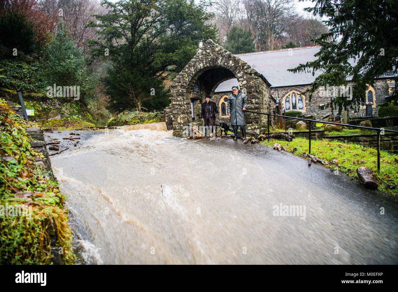 Llandre, Ceredigion nel Galles, domenica 21 gennaio 2018 UK Meteo: acqua di inondazione a cascata di un fiume lungo la strada principale di LLANDRE vicino a Aberystwyth in Galles Centrale, dopo ore di piogge torrenziali hanno causato il piccolo vapore che corre attraverso il villaggio di burst drasticamente le sue banche . I residenti locali realizzati improvvisate con sacchi di sabbia e barriere per cercare di deviare l'acqua lontano dalle loro case. Il flusso chiamate di overflow in alto sopra il villaggio appena al di fuori della chiesa parrocchiale, inviando i detriti verso il basso e lavando via le parti di superficie stradale foto © Keith Morris / Alamy Live News Foto Stock