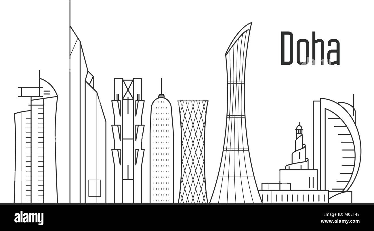 Doha skyline della città - downtown cityscape, Qatar monumenti in stile camicia Illustrazione Vettoriale