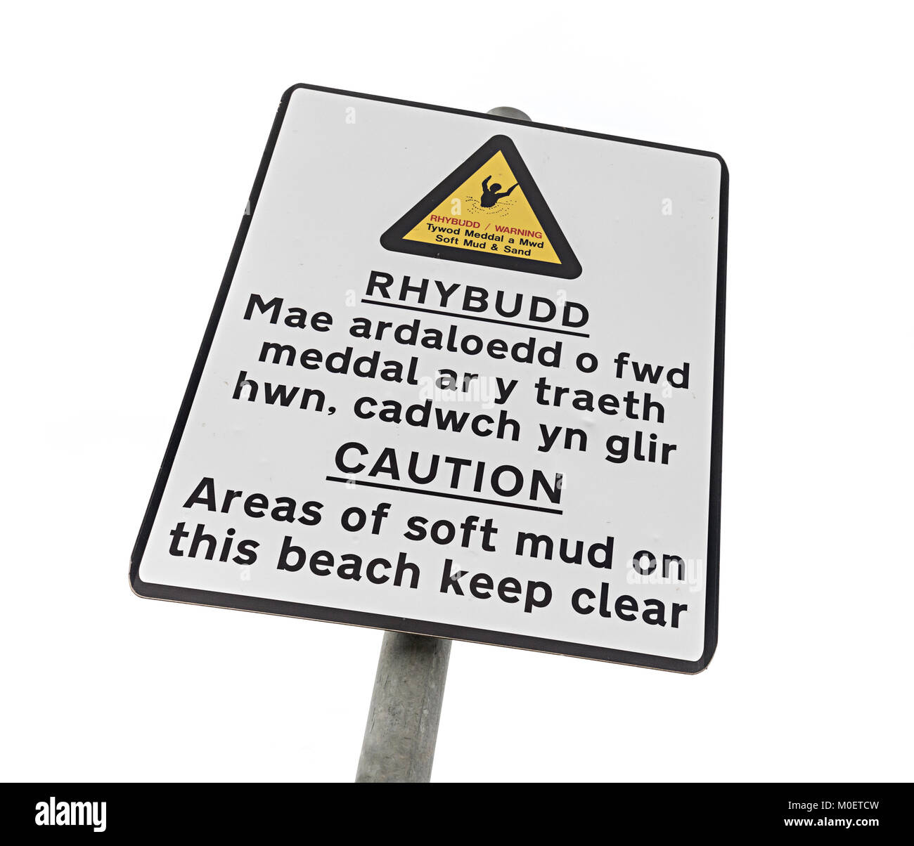 Segnale di avvertimento per morbido fango sulla spiaggia a Llanddulas, Conwy, Wales, Regno Unito Foto Stock