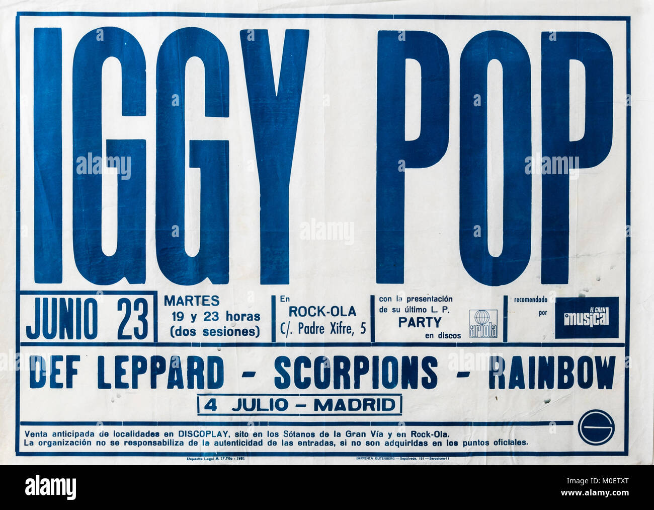 Iggy Pop, DEF Leppard, Scorpions, Rainbow in concerto, Madrid 1981. Poster del concerto musicale. Rock.Ola Foto Stock