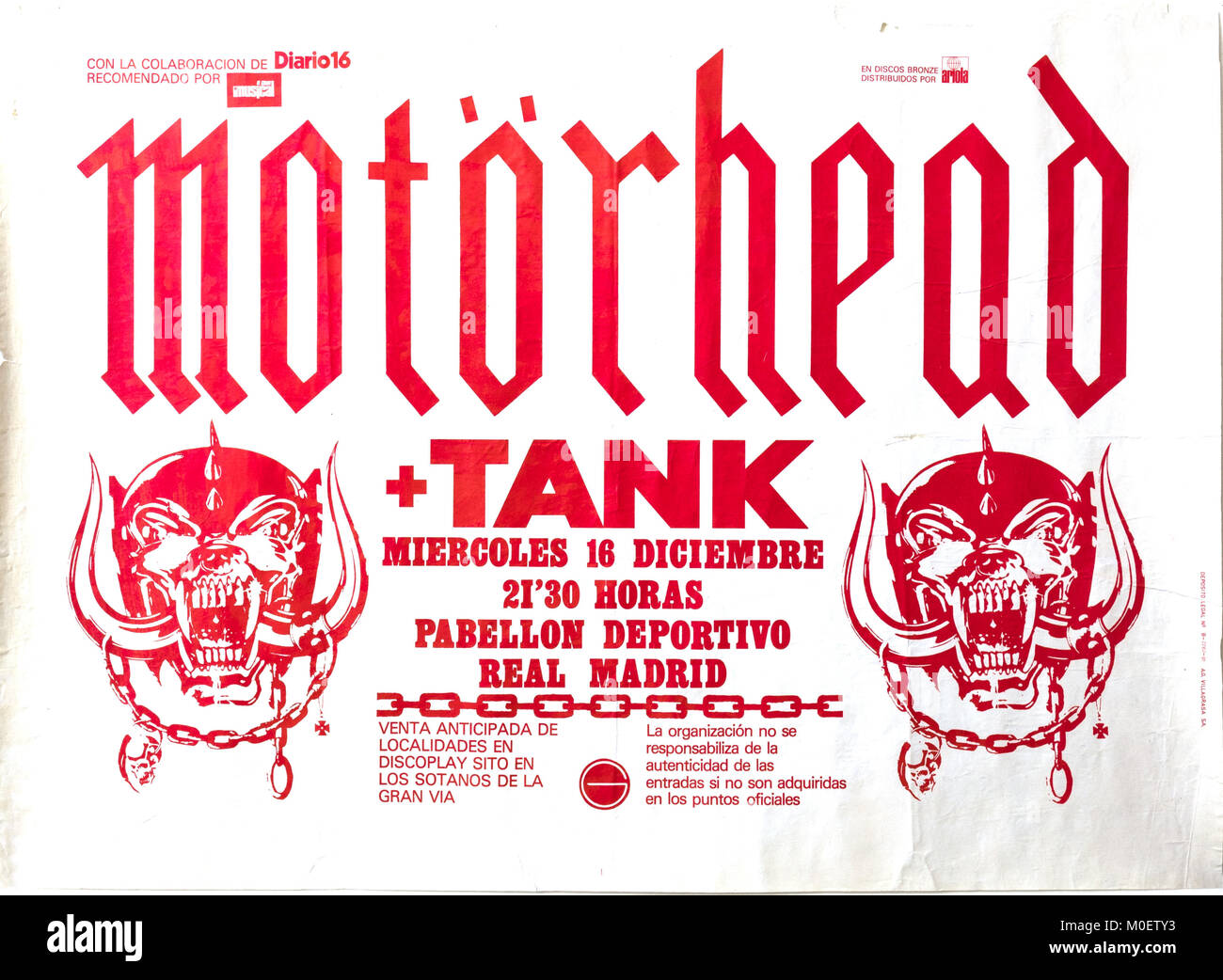 Motorhead e serbatoio in concerto a Madrid, dicembre 1981. Concerto musicale poster Foto Stock