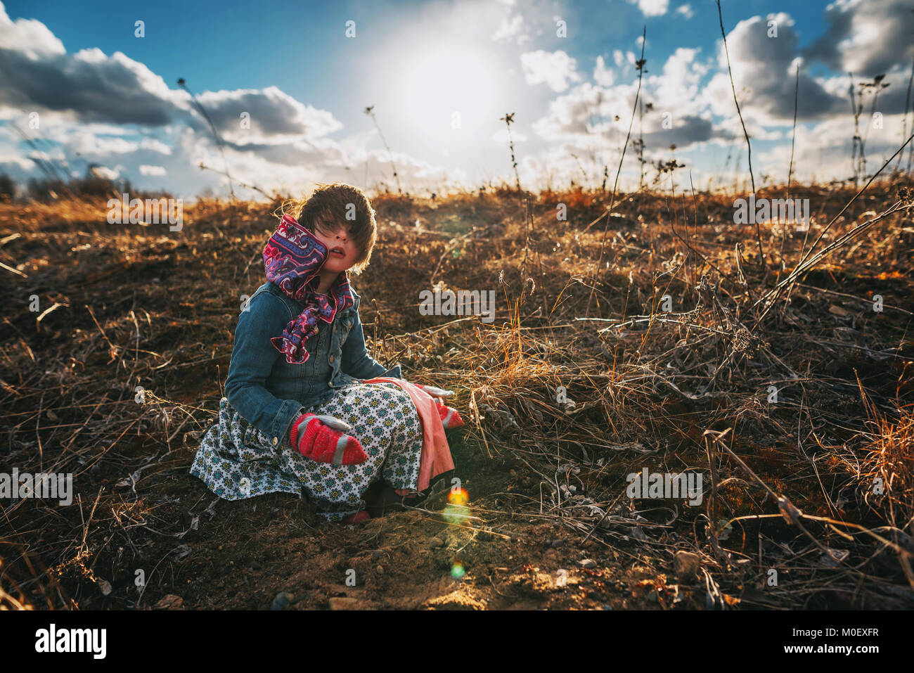 Ragazza seduta in un campo al tramonto Foto Stock