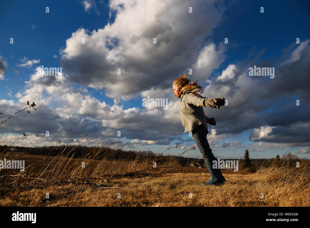 Ragazzo in piedi nel paesaggio rurale con braccia aperte Foto Stock