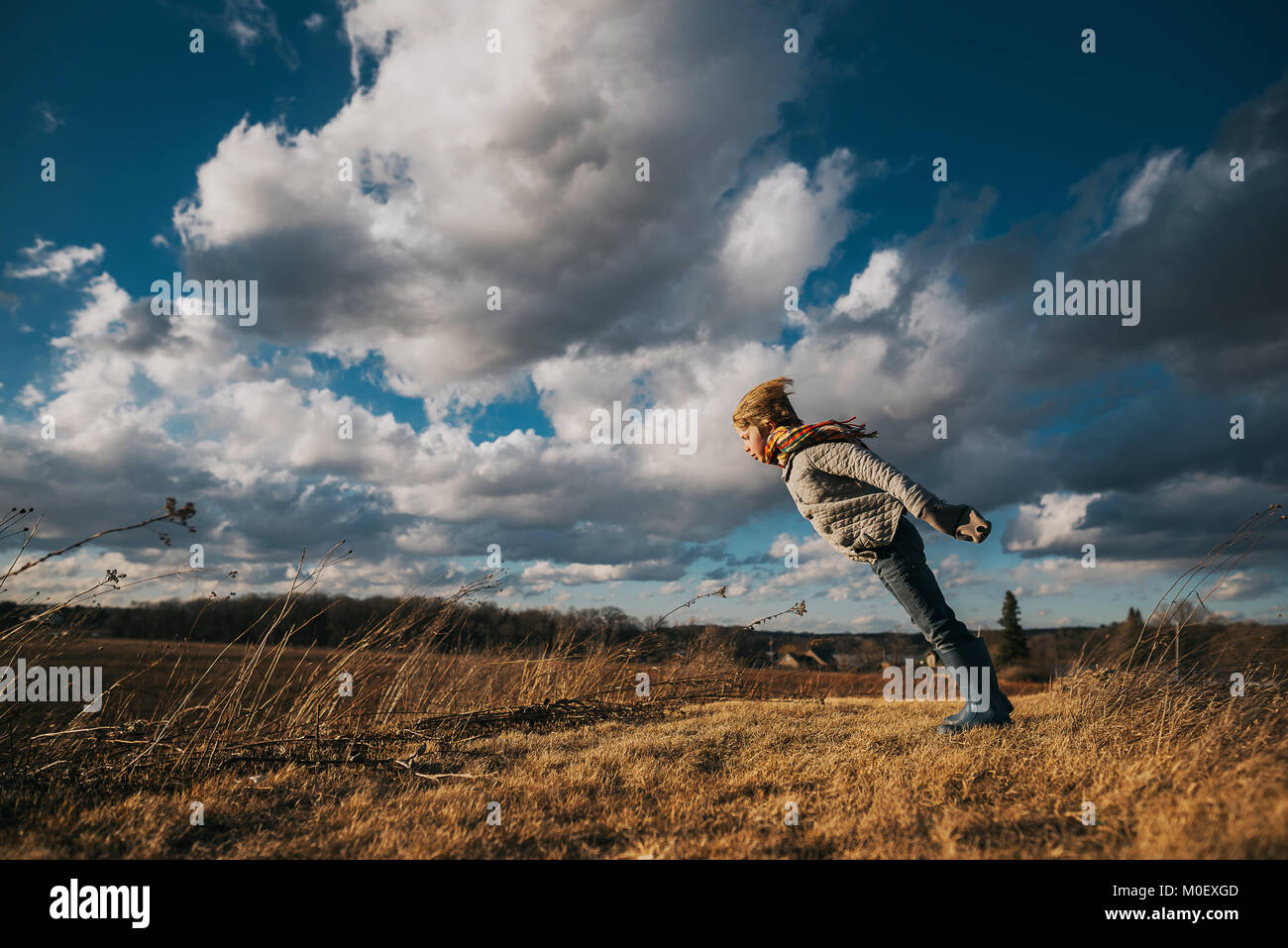 Ragazzo in piedi nel paesaggio rurale con braccia aperte Foto Stock