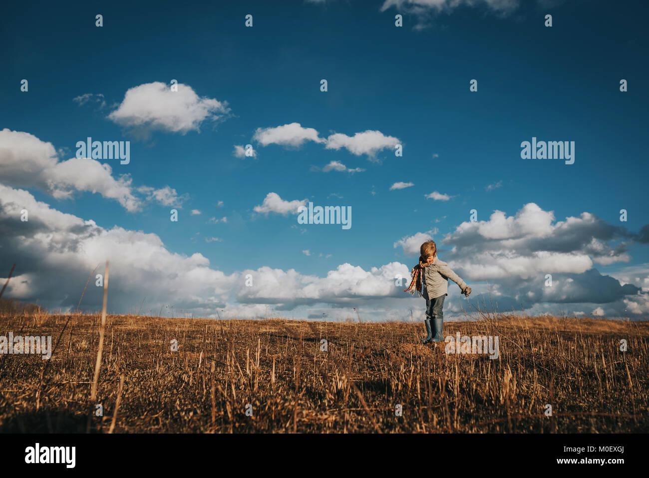 Ragazzo a piedi attraverso un campo in una giornata di vento Foto Stock