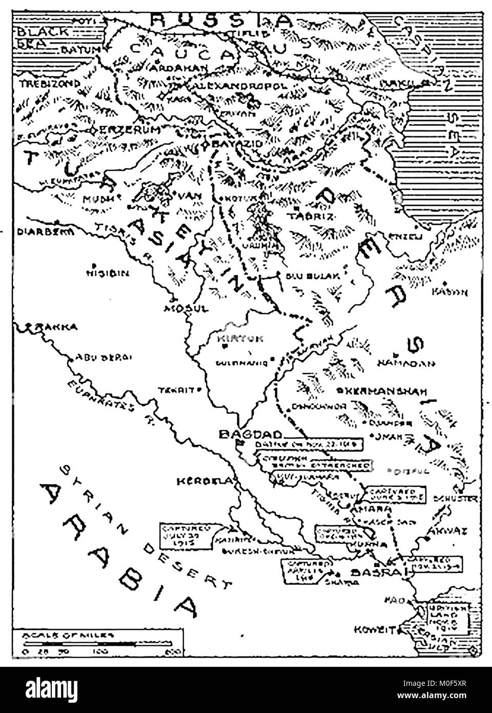 La prima guerra mondiale - Un 1917 mappa che mostra attività militare nel 1914-1918 Prima guerra mondiale - la Mesopotamia e il British operazioni dal golfo Persico 1915 Foto Stock