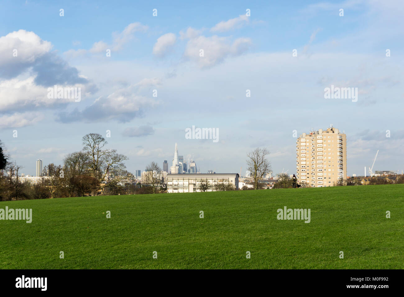 Il centro di Londra e la Shard visto da Brockwell Park a Herne Hill, Londra del sud. Foto Stock