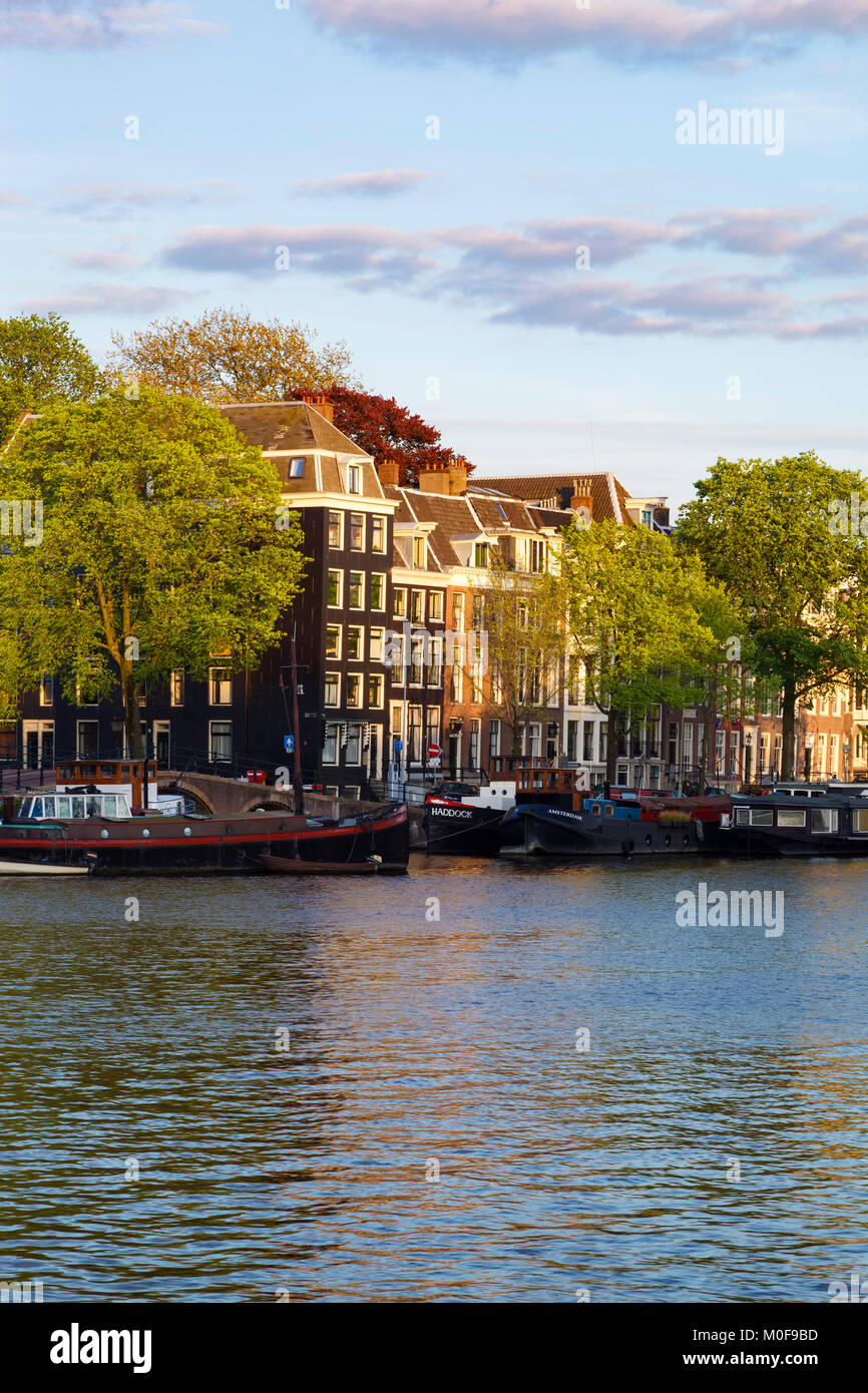 Case e sul fiume Amstel di Amsterdam, Olanda, Paesi Bassi Foto Stock