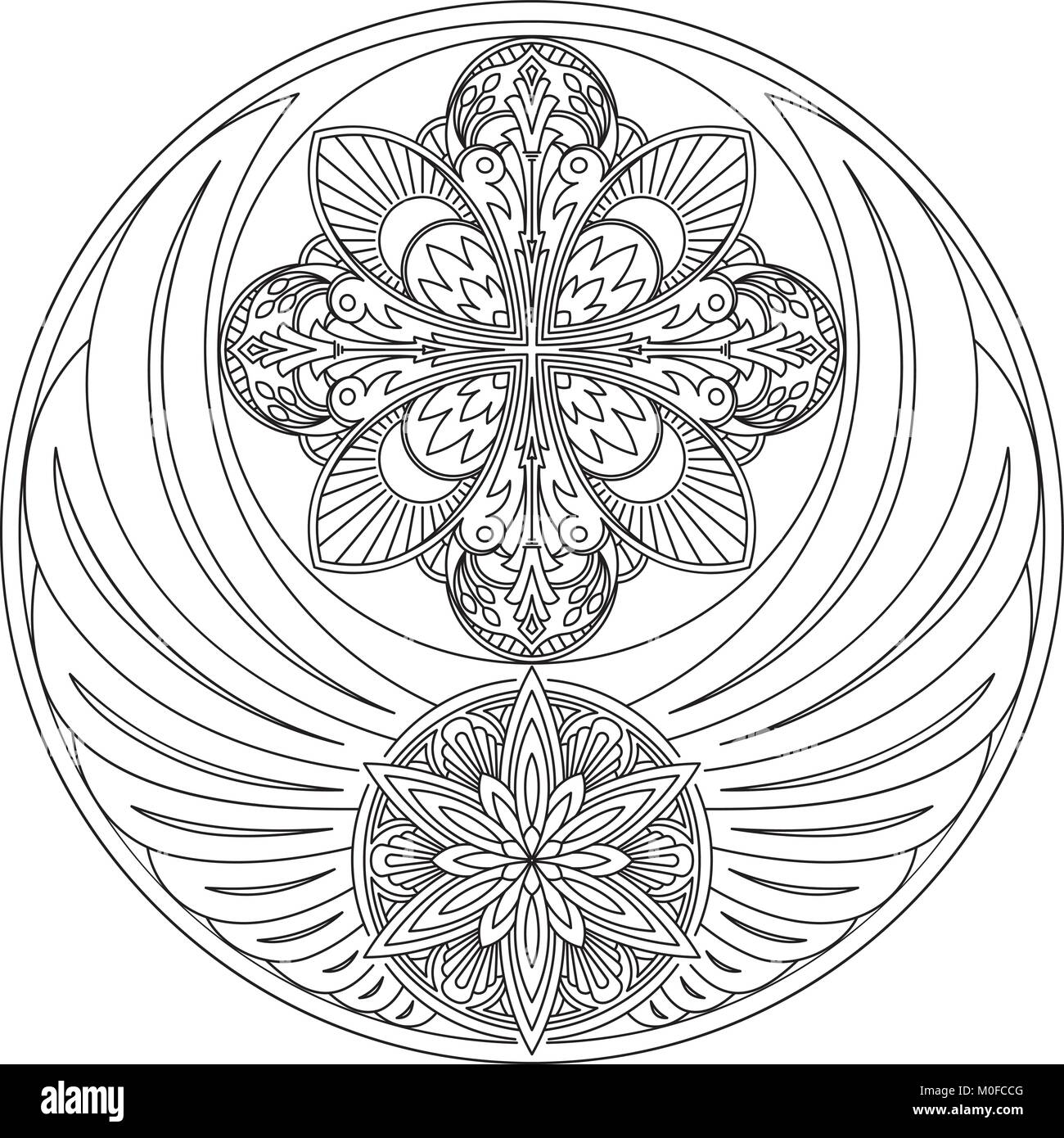 L'insolito design tondo con ali e due mandala. Esso può essere utilizzato per un logo, decorazione, tatuaggi e anti-stress terapia. Illustrazione Vettoriale