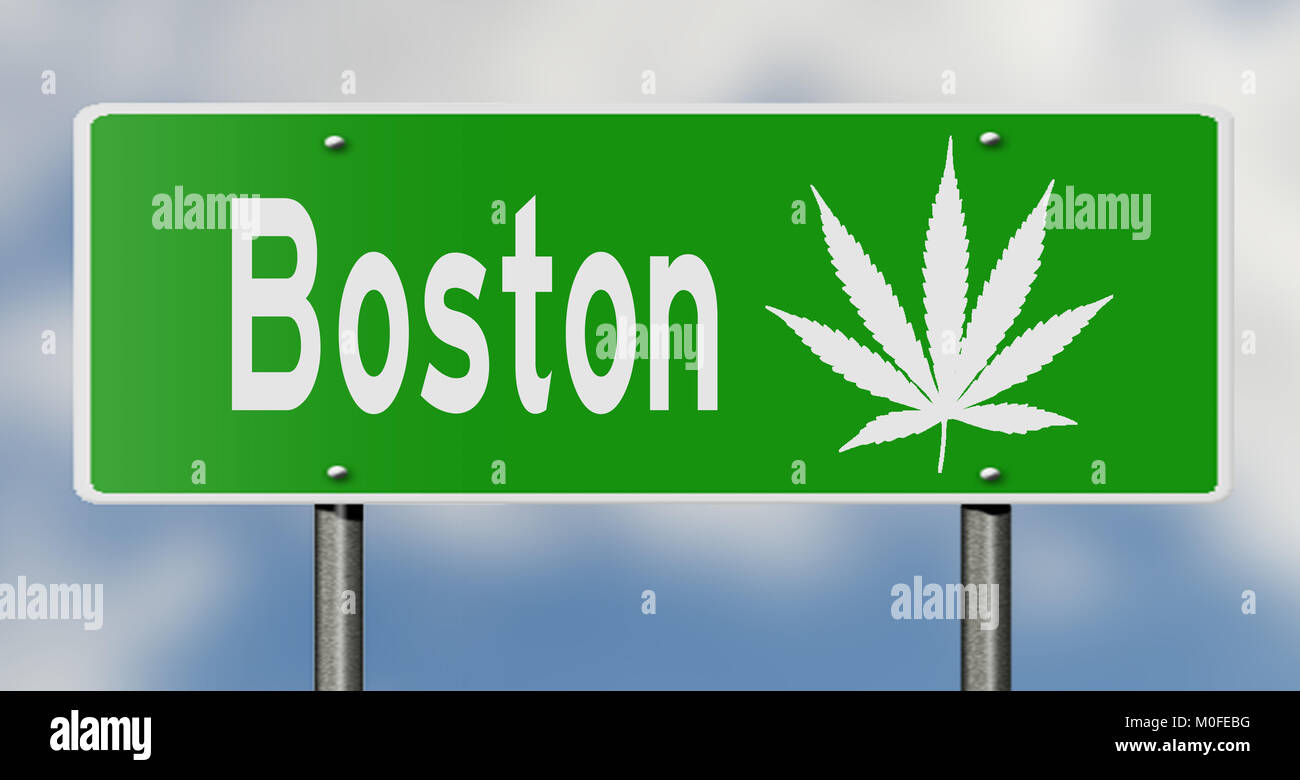 Un rendering 3D di un verde autostrada segno con foglia di marijuana Foto Stock