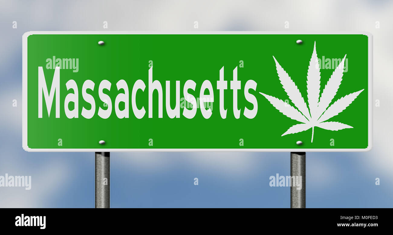 Un rendering 3D di un verde autostrada segno con foglia di marijuana Foto Stock