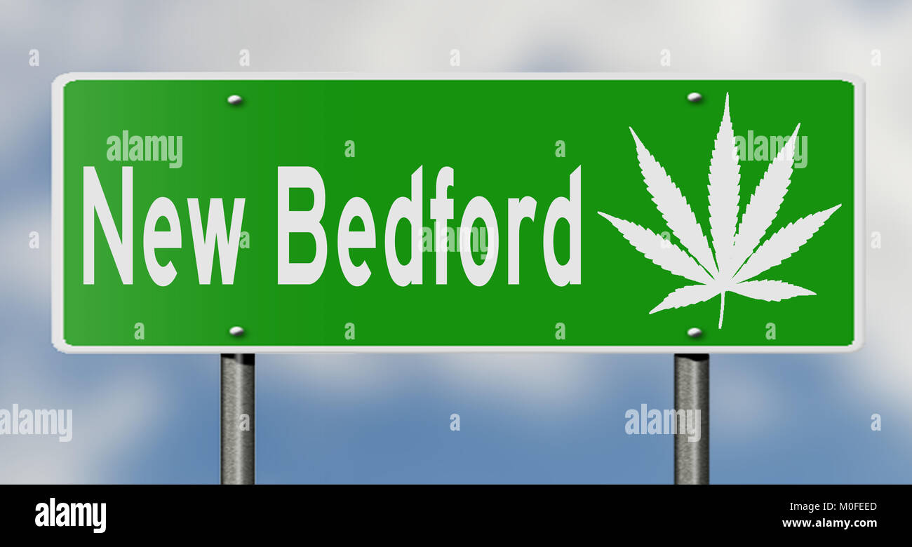 Un rendering 3D di un verde autostrada segno con foglia di marijuana Foto Stock