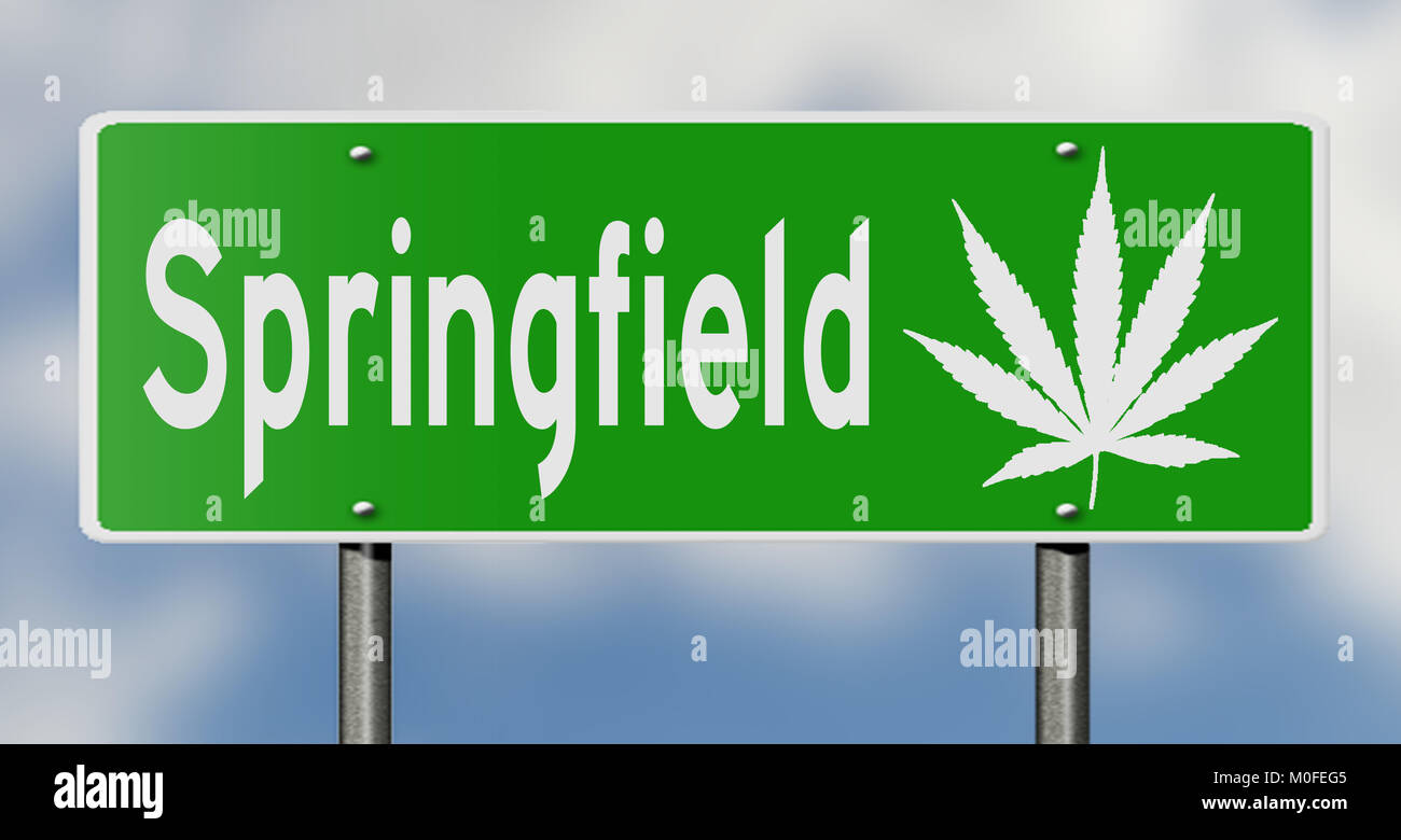 Un rendering 3D di un verde autostrada segno con foglia di marijuana Foto Stock