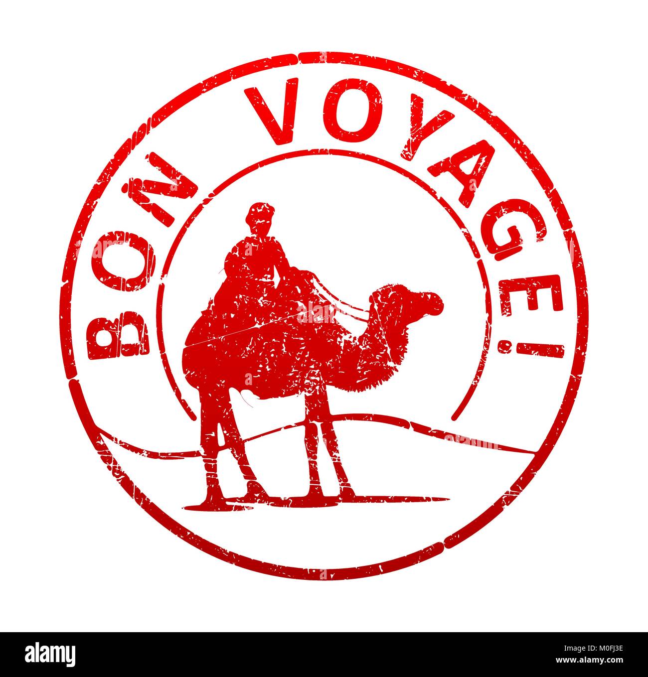 Bon voyage - timbro di gomma con la silhouette di un cammello nel deserto e la cameleer. Stile grunge illustrazione vettoriale. Illustrazione Vettoriale