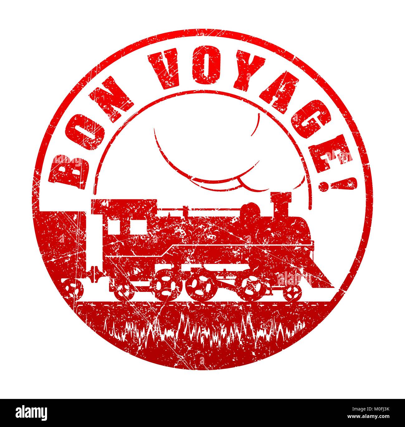 Bon voyage - timbro di gomma con la silhouette di vapore retrò locomotiva. Stile grunge illustrazione vettoriale. Illustrazione Vettoriale