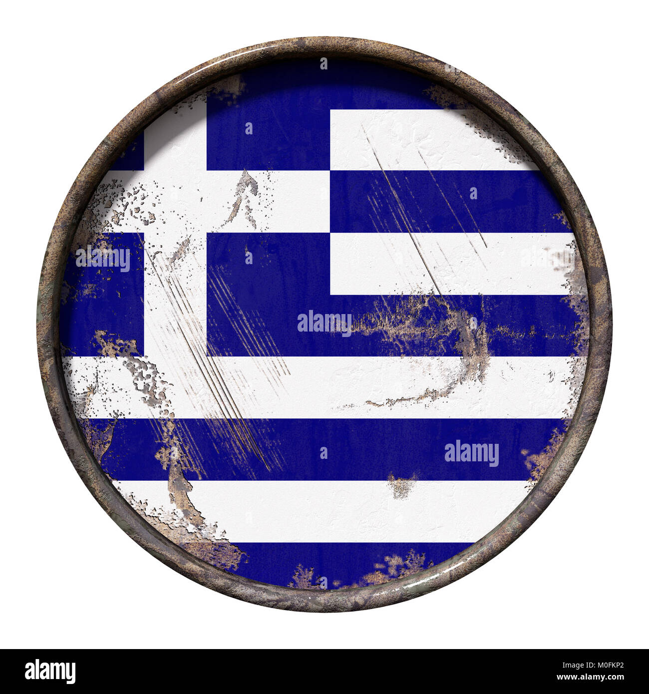 3D rendering di una bandiera della Grecia oltre un arrugginito piastra metallica. Isolato su sfondo bianco. Foto Stock