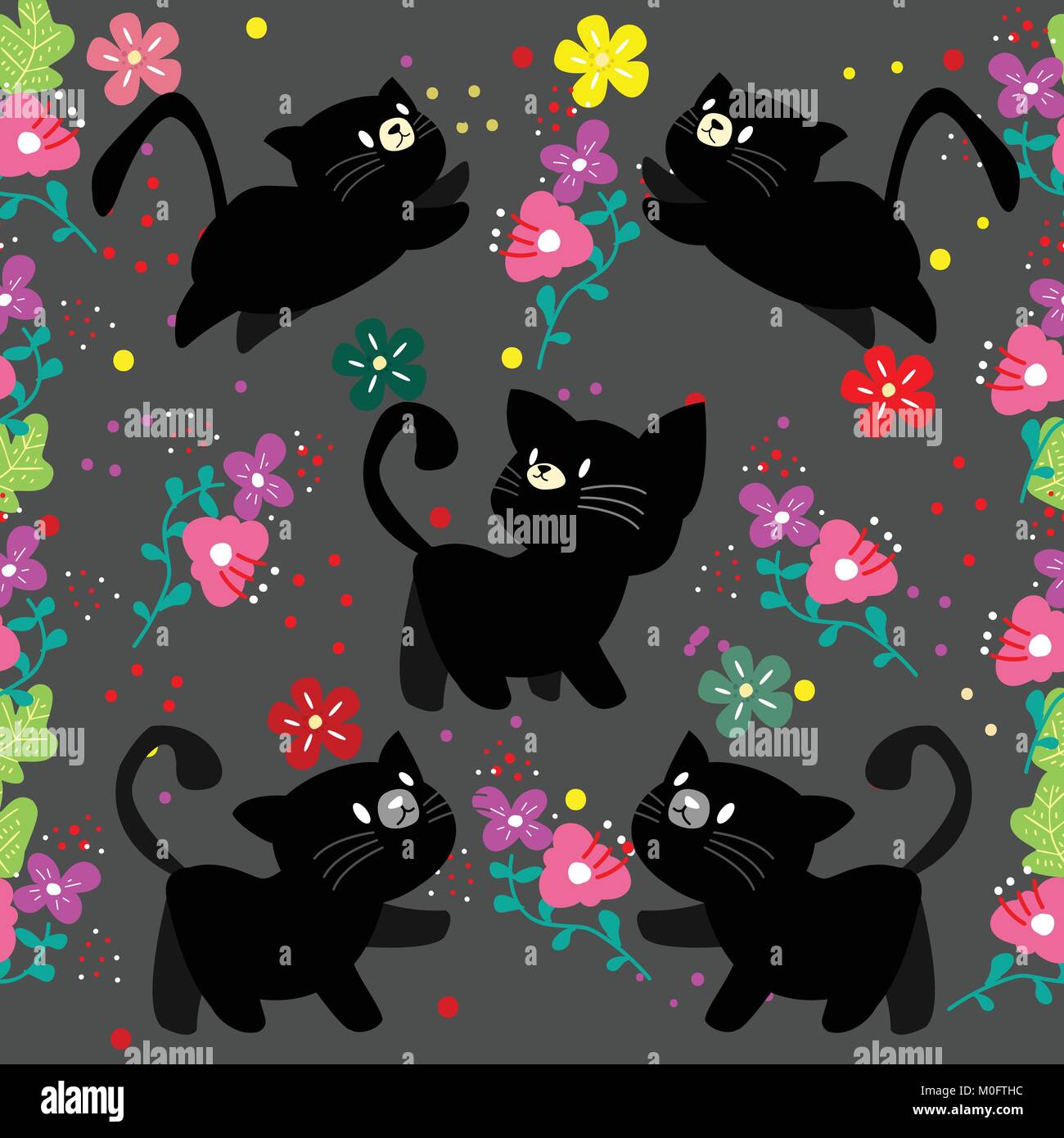 Cute cat seamless pattern con fiore su sfondo colorato illustrazione vettoriale.stile cartoon Illustrazione Vettoriale