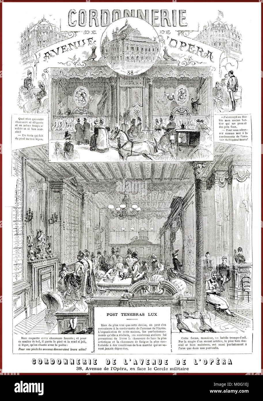 Francese rivista satirica La vie parisienne 1888, belle e artistiche la pubblicità di una famosa schoemaker's workshop Foto Stock