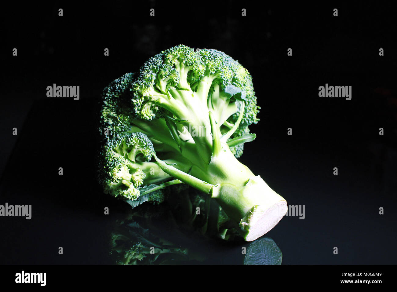 I broccoli. Verde intero brokkoli su riflettente nero di sfondo per studio. Isolato nero specchio lucido specchiato sfondo per ogni concetto. I broccoli. Foto Stock