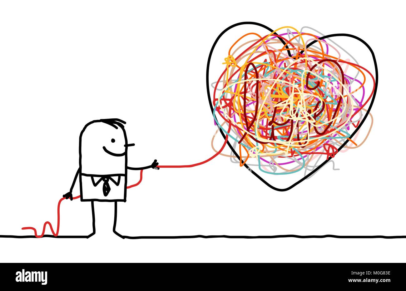 Cartoon uomo Untangling un grande Doodle cuore Illustrazione Vettoriale