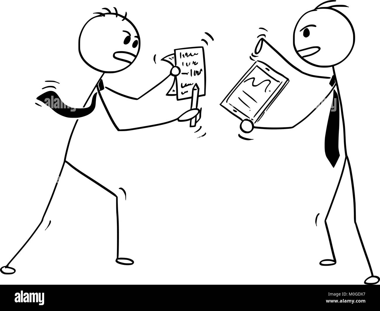 Cartoon concettuale di due imprenditori sostenendo o combattimenti Illustrazione Vettoriale