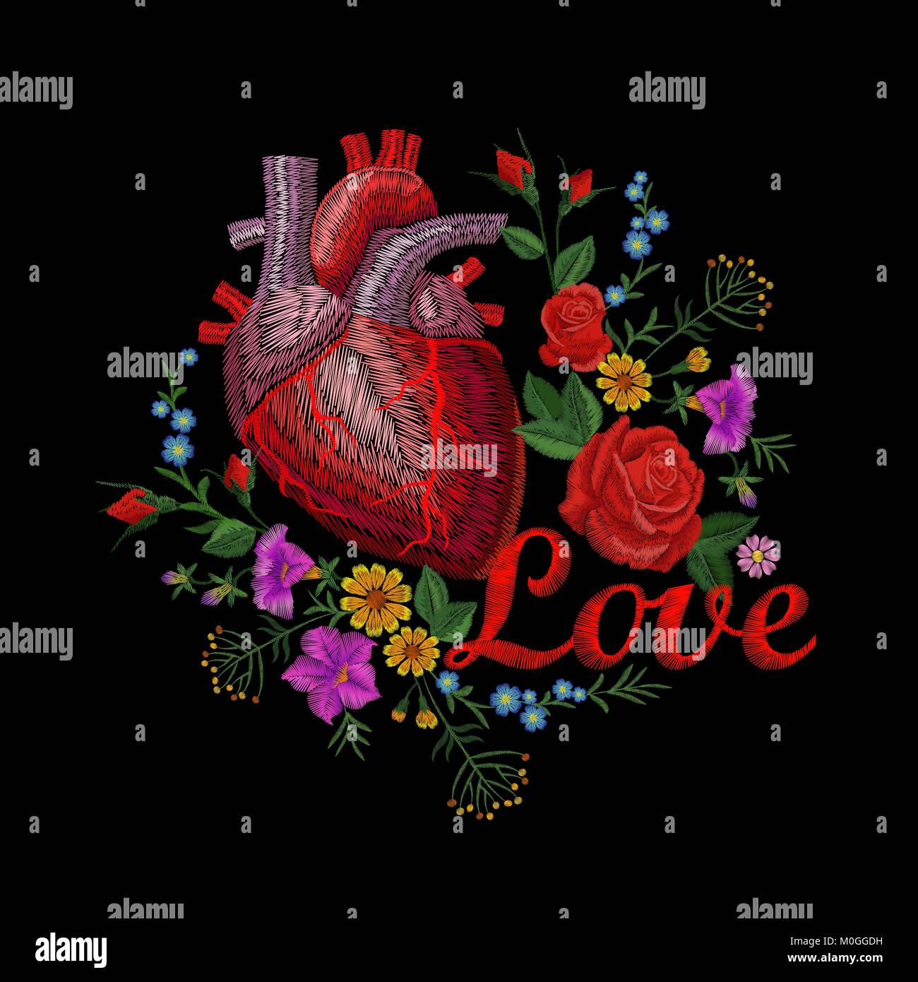 Ricamo crewel anatomica umana cuore medicina fiore di organo la fioritura delle rose. Rosso ricamato di cucitura la progettazione dettagliata di texture patch. Moda modello di decorazione illustrazione vettoriale Illustrazione Vettoriale