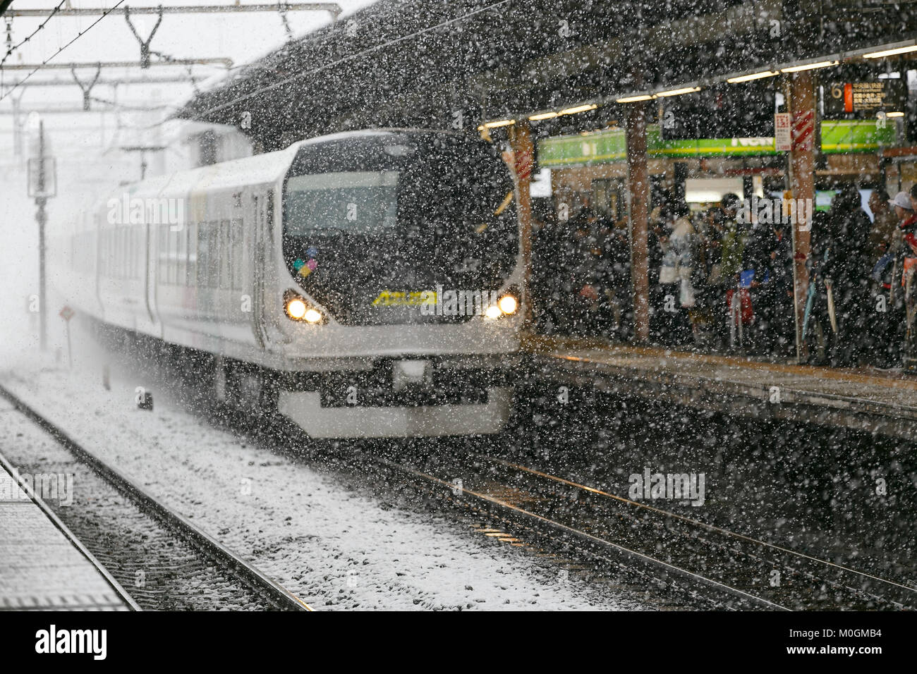 Tokyo, Giappone. Il 22 gennaio, 2018. Tokyo, Giappone. Il 22 gennaio, 2018. Un treno arriva alla stazione di Nakano sotto Tokyo's prima nevicata dell'anno il 22 gennaio 2018, Tokyo, Giappone. Questo anno la neve è arrivata alla fine di gennaio a Tokyo interrompere i mezzi di trasporto pubblici in tutta la città. Credito: Rodrigo Reyes Marin/AFLO/Alamy Live News Foto Stock