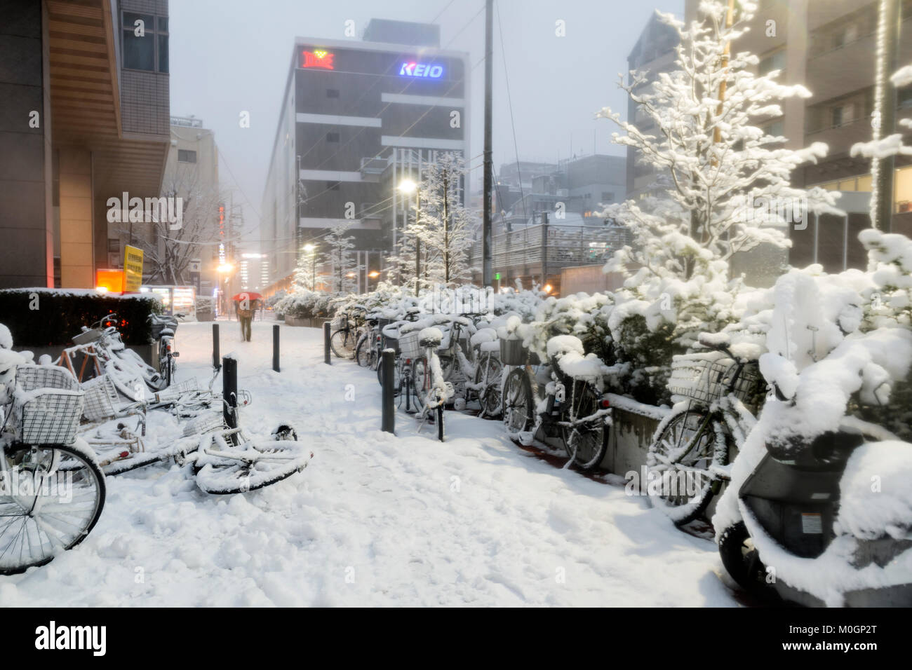 Tokyo, Giappone. Il 22 gennaio, 2018. Nevicata crea scompiglio su un marciapiede di Tokyo Credito: David Cherepuschak/Alamy Live News Foto Stock