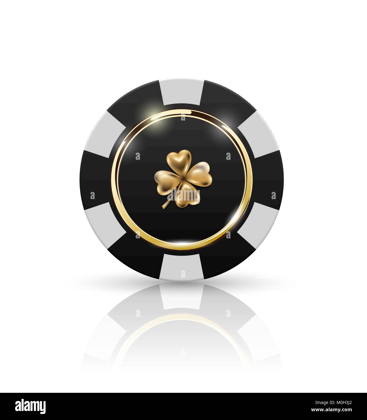 VIP Poker in bianco e nero di chip con anello d'oro e effetto di luce vettore. Black Jack Club poker casino quadrifoglio emblema isolato su bianco Illustrazione Vettoriale