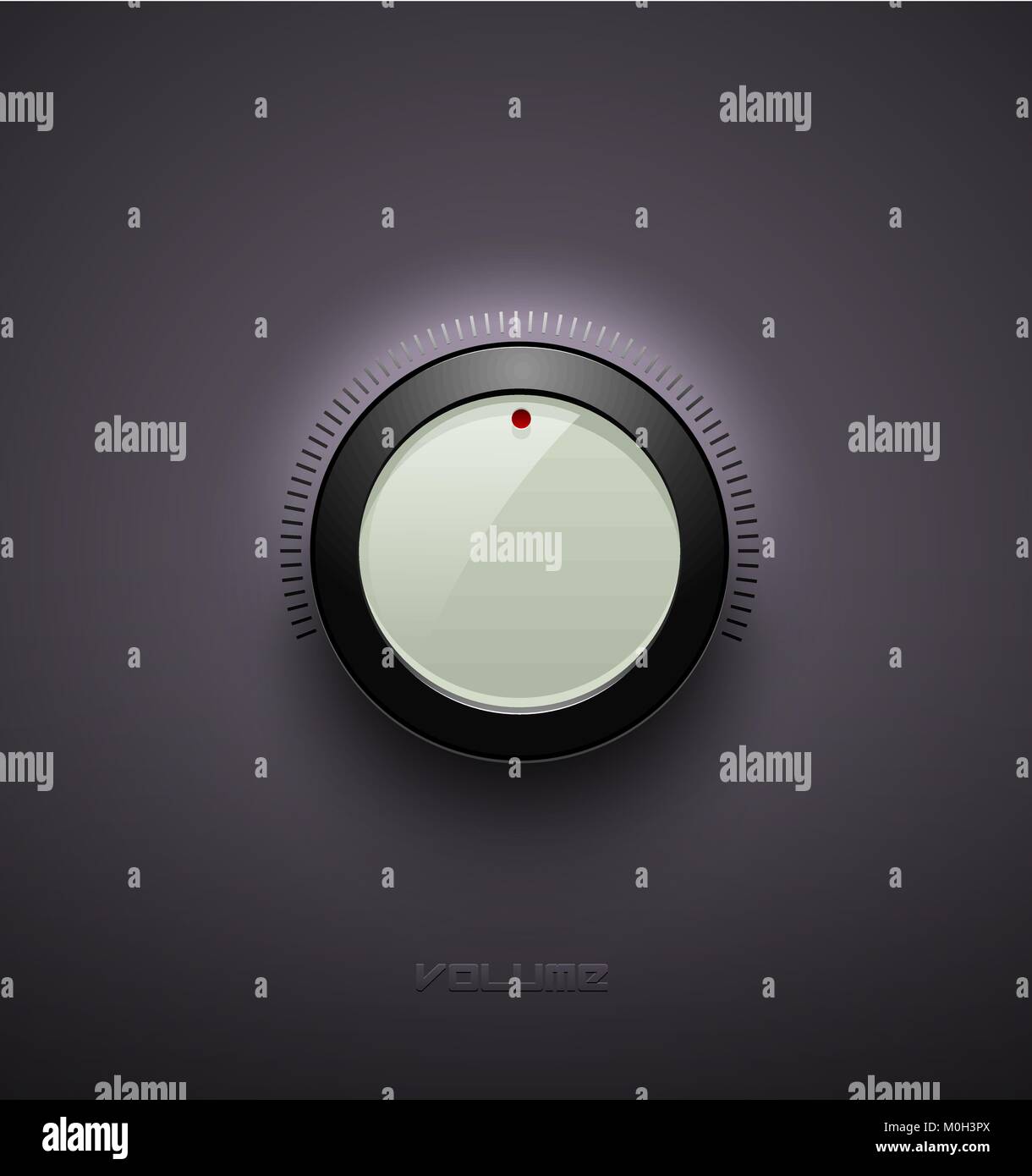 Musica tecnologia bianco lucido icona pulsante, le impostazioni del volume del suono, manopola di controllo con anello di plastica nero in scala, ombra e luce. Isolato Illustrazione Vettoriale