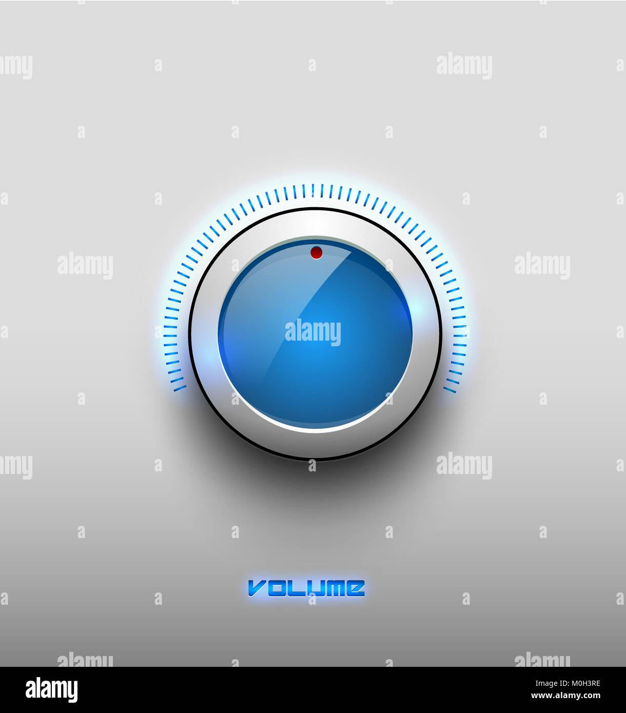 Musica tecnologia bagliore blu lucida icona pulsante, le impostazioni di volume, il suono di vettore di controllo con manopola di plastica bianco anello, scala. Isolato su sfondo Illustrazione Vettoriale
