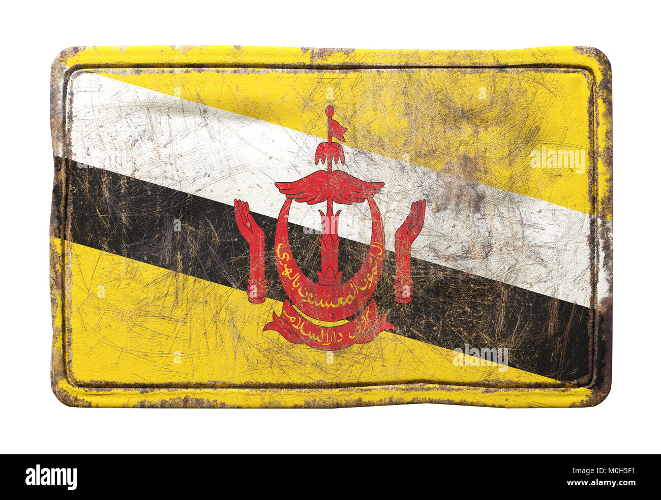 3D rendering di una bandiera Brunei oltre un arrugginito piastra metallica. Isolato su sfondo bianco. Foto Stock