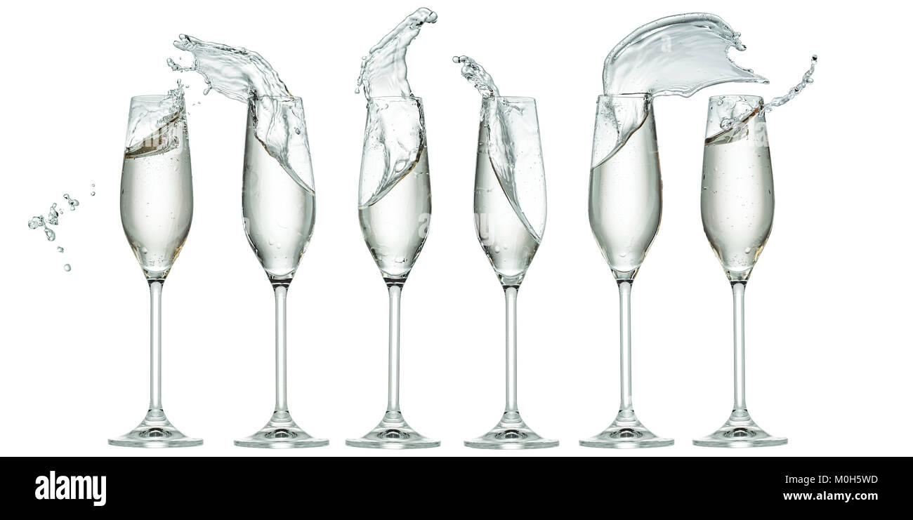 6 vetri con spruzzi di champagne isolato su bianco Foto Stock