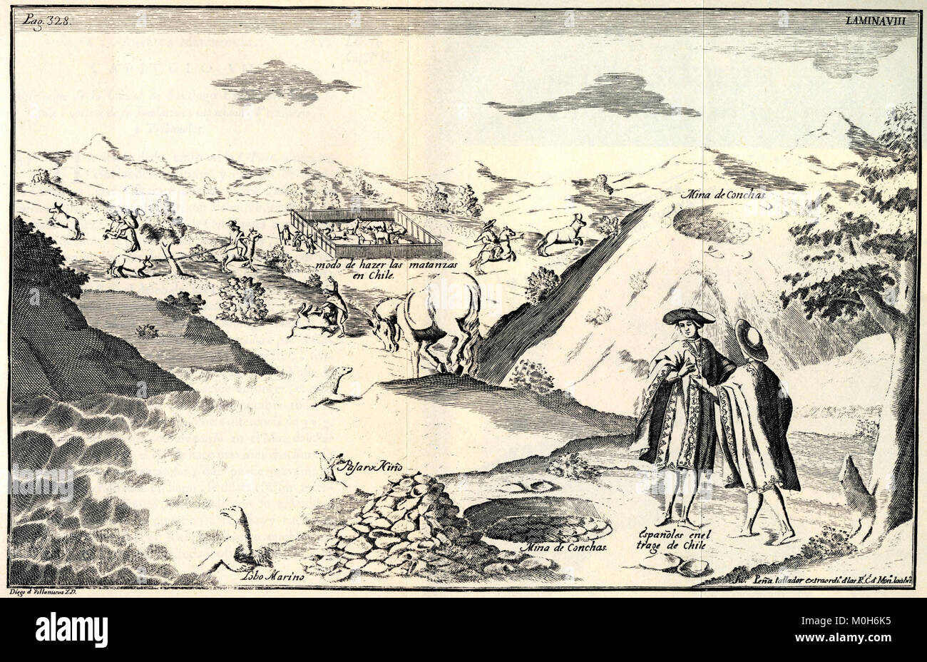 La mappa del Cile del 1744 raffigura aree rurali domestiche e selvagge, documentando l'uso del territorio, gli insediamenti e le caratteristiche naturali durante il XVIII secolo. Foto Stock