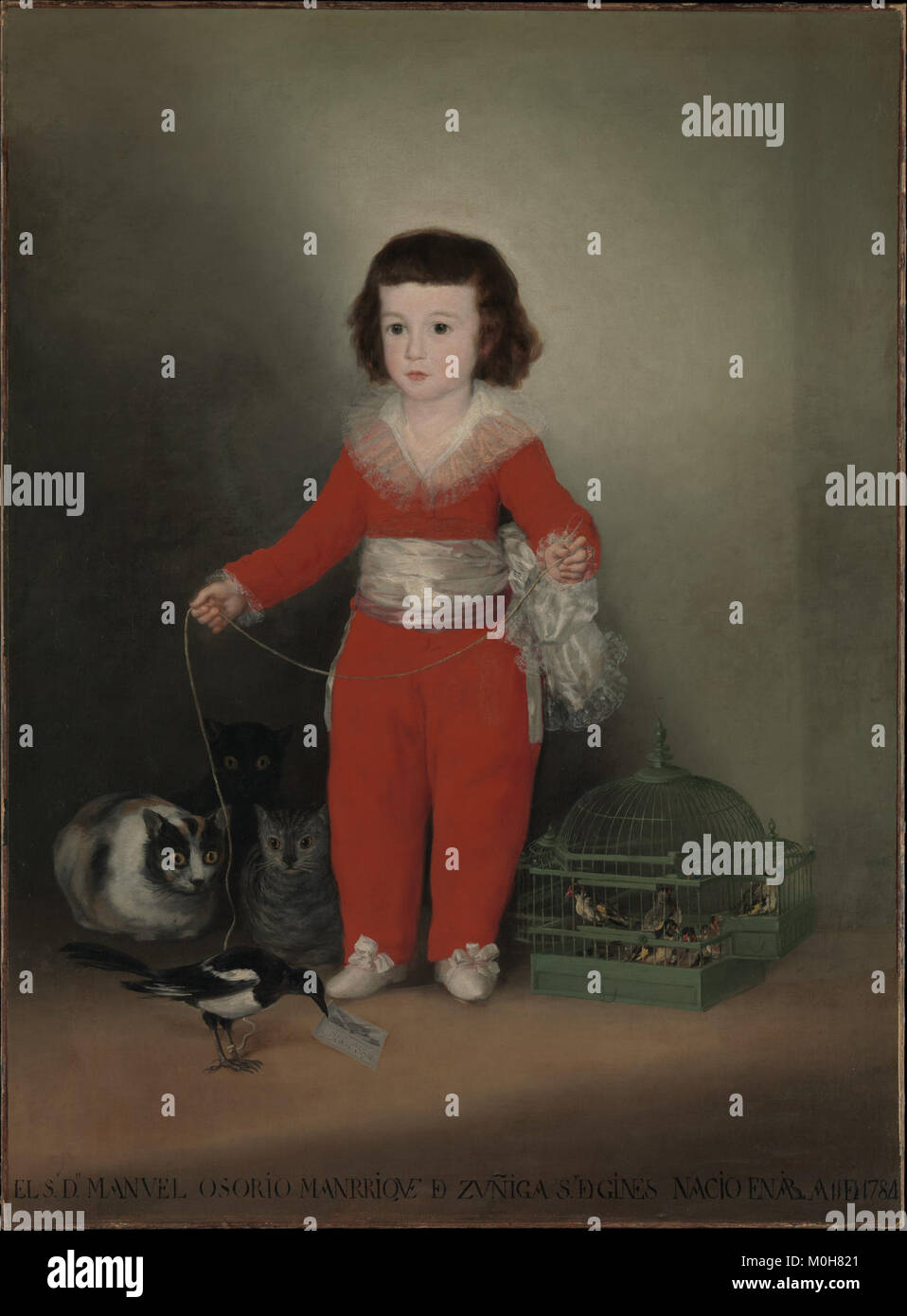 Questo ritratto di Francisco de Goya raffigura Manuel Osorio Manrique de Zuñiga, un nobile spagnolo, da bambino circondato da uccelli e gatti. Dipinto tra il 1784 e il 1792, è ospitato nel Metropolitan Museum of Art Foto Stock