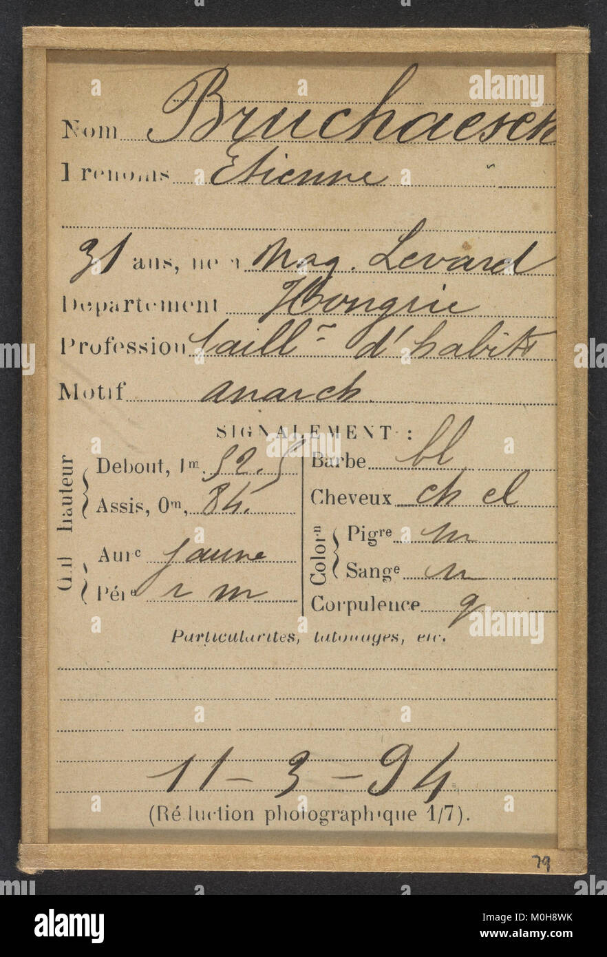 Etienne Bruchaesen, 31 anni, di Mag Levard, Ungheria, conosciuto come sarto e anarchico, fotografato nel 1894, che riflette temi storici socio-politici dell'epoca. Foto Stock