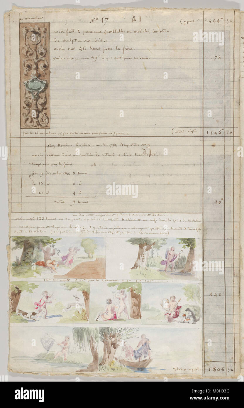 Account book che registra le ore lavorate da un decoratore di interni, fornendo prove storiche della gestione professionale del tempo e delle pratiche di lavoro nella progettazione di interni. Foto Stock