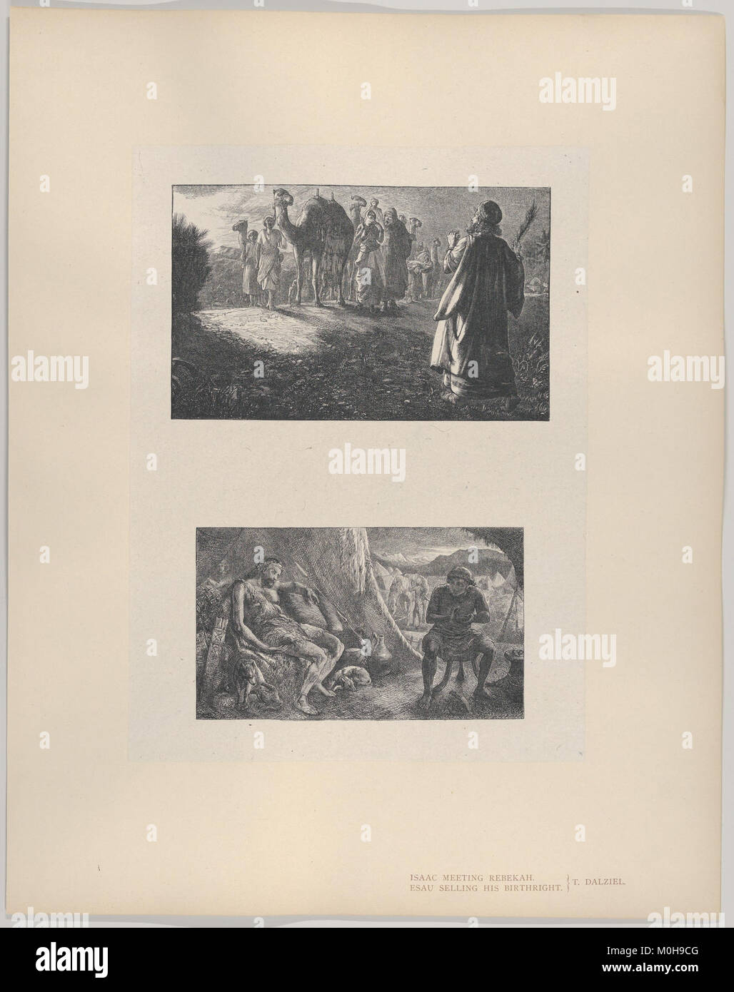 Incisione dalla Galleria della Bibbia di Dalziels raffigurante due scene dell'Antico Testamento: Isacco che incontra Rebecca ed Esaù che vendono il suo diritto di nascita, illustrando temi narrativi biblici. Foto Stock