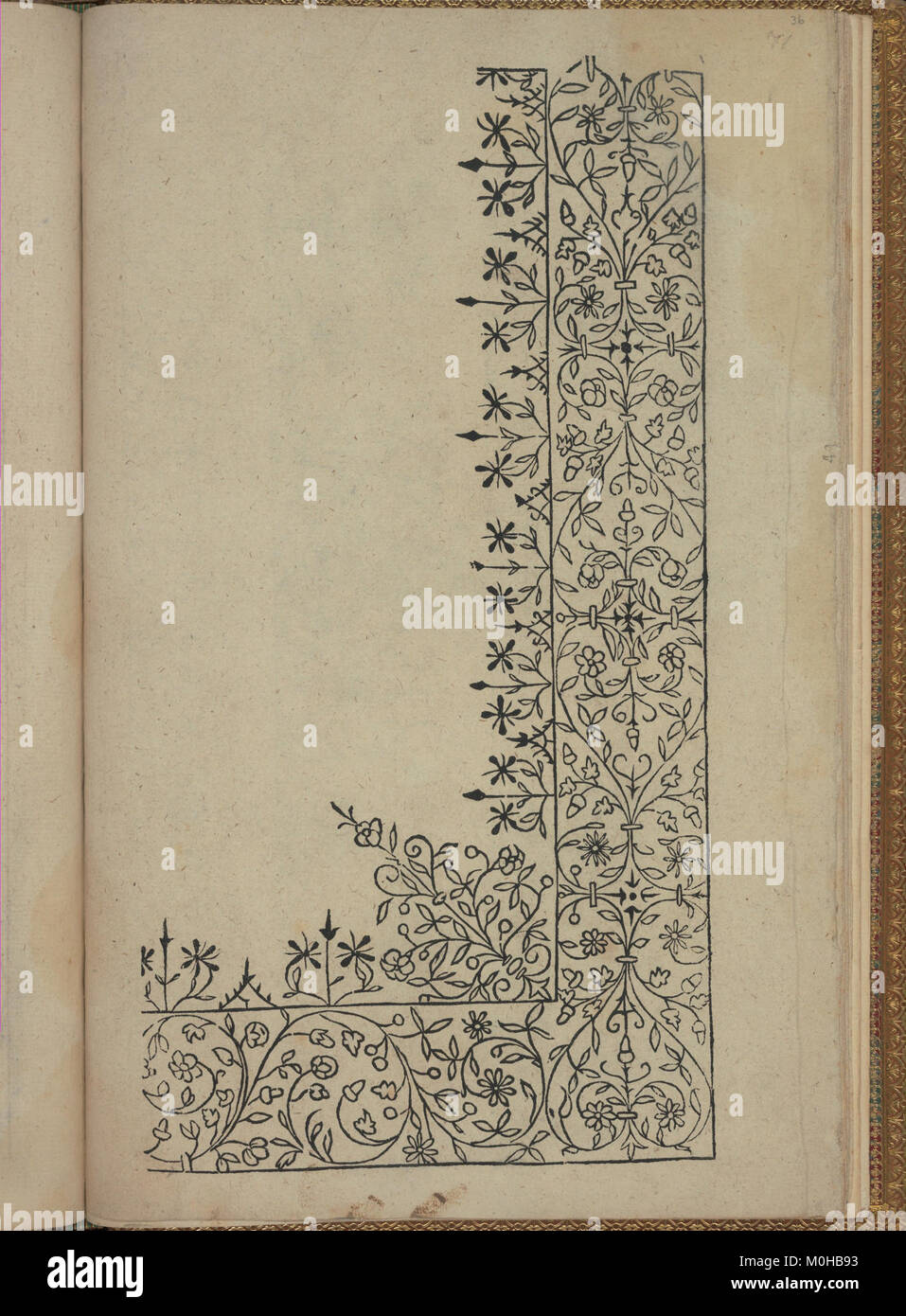 Una pagina dal "New Modelbüch" (pagina 36r), un libro di modelli tedeschi del XVI secolo con intricati disegni di ricami e pizzi, parte della collezione Metropolitan Museum of Art. Foto Stock