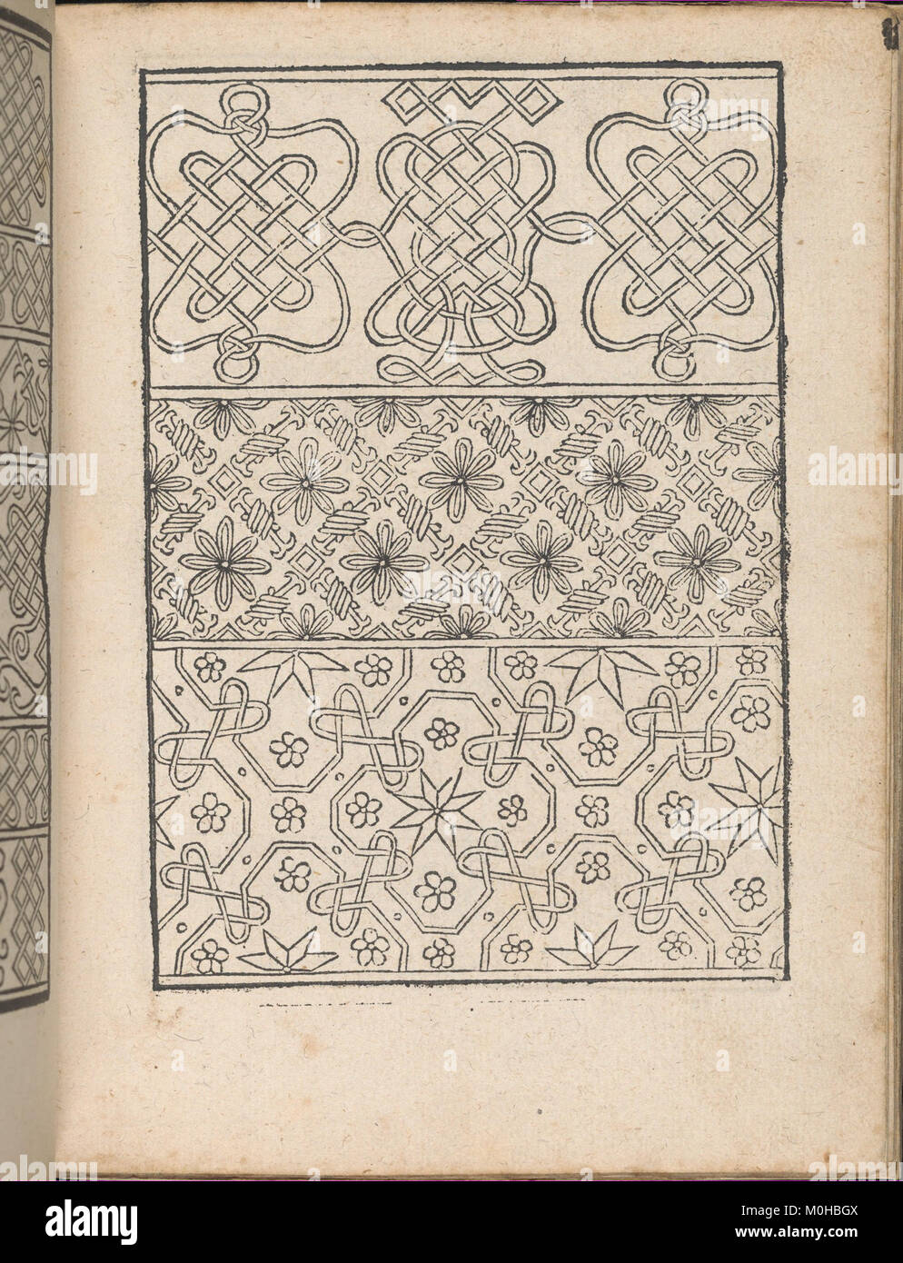 Una pagina del XVI secolo da 'New Modelbüch allen Nägerin u. Sydenstickern', con ricami e disegni di pizzi intricati, parte della collezione di modelli tessili del Metropolitan Museum of Art. Foto Stock