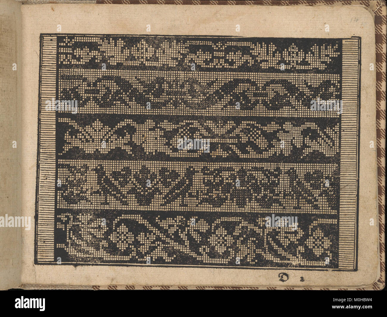 Questa è la pagina 14 recto del libro stampato tagliato in legno intitolato New Künstlichs Modelbuch pubblicato nel 1600 dall'editore svizzero Bernhard Jobin, conservato nella collezione del Metropolitan Museum of Art di New York. Metropolitan Museum of Art+1 Foto Stock