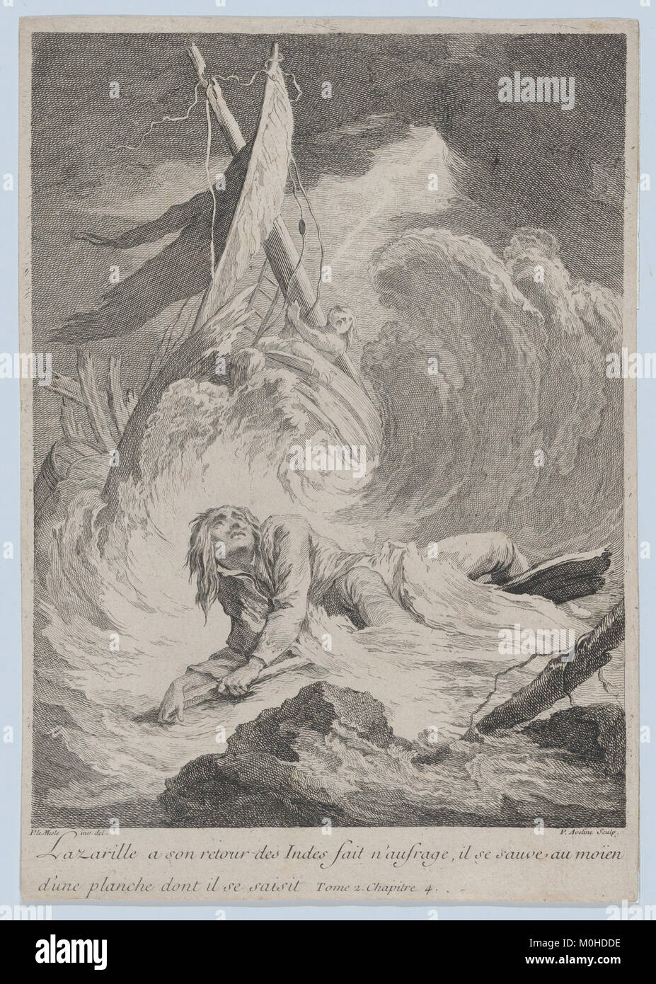 Un'illustrazione del Metropolitan Museum of Art intitolata "Lazarille à son retour des Indes fait n'aufrage", raffigurante una scena di naufragio da una narrazione letteraria. L'immagine cattura l'interpretazione artistica europea del XVIII secolo dell'esplorazione e delle avversità. Foto Stock