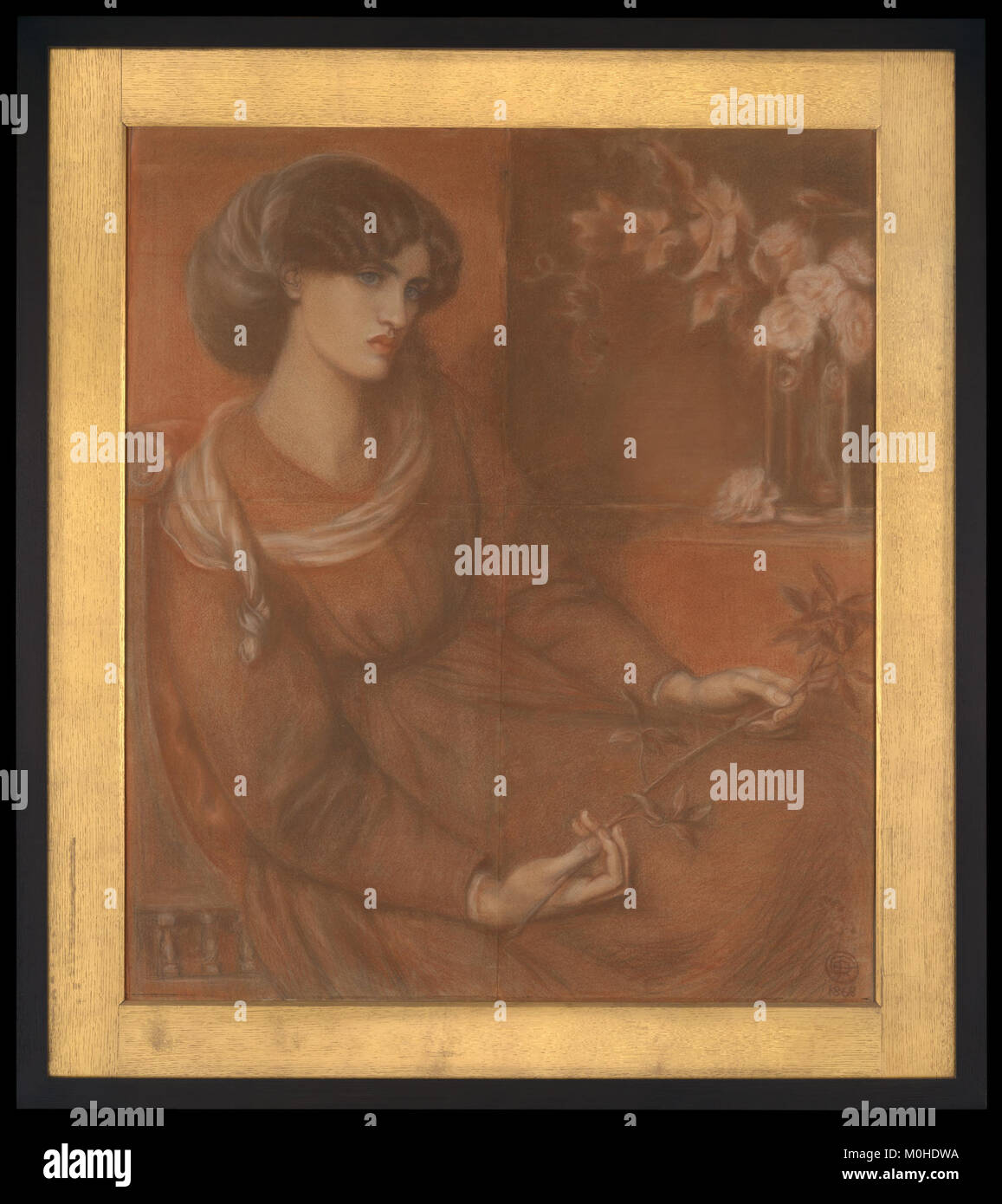 Uno studio preparatorio di Jane Morris per il dipinto "Mariana", che raffigura una donna in una posa riflettente, enfatizzando la tecnica artistica e i dettagli emotivi. Foto Stock