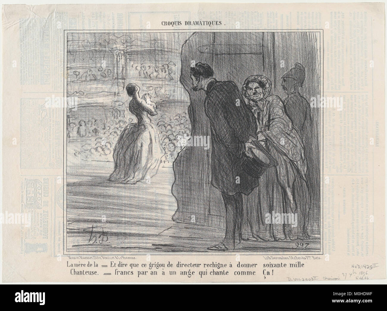 Un'illustrazione francese del 1856 intitolata *la mère de la chanteuse* da *Croquis Dramatiques* in *le Charivari* ritrae la madre di una cantante, riflettendo l'espressione artistica e culturale francese del XIX secolo. Foto Stock