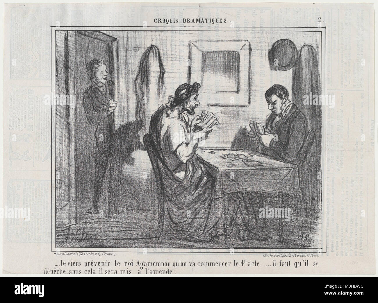 Una caricatura del 1856 intitolata "Je viens prévenir le roi Agamemnon qu'on va commencer le 4e acte..." Da Croquis Dramatiques, pubblicato su le Charivari, raffigurante satira teatrale nella Francia della metà del XIX secolo. Foto Stock