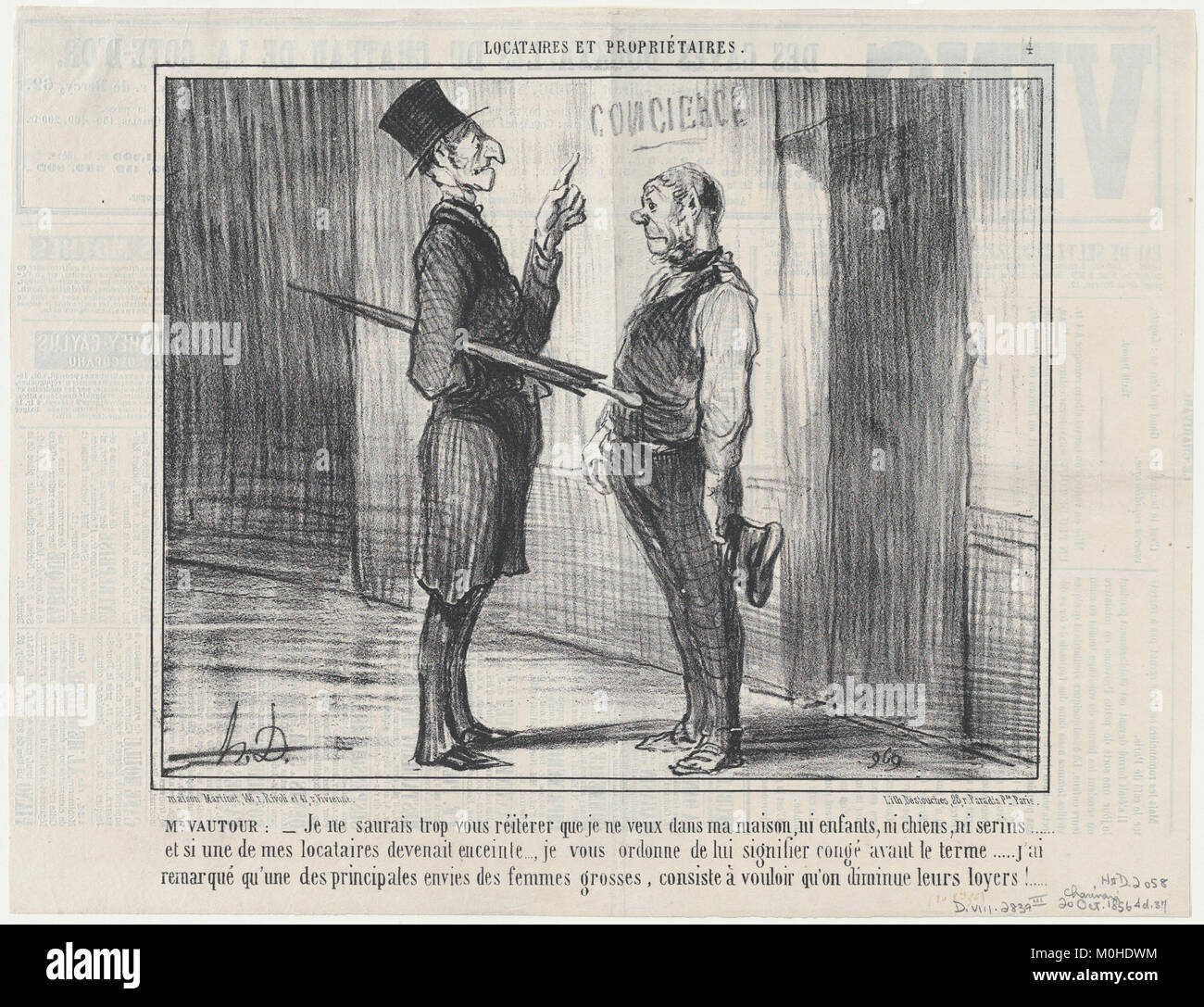 Litografia di Honoré Daumier dalla serie 'Locataires et Propriétaires', pubblicata su le Charivari il 20 ottobre 1856. L'opera satira le interazioni sociali tra inquilini e proprietari terrieri nella Francia del XIX secolo. Foto Stock