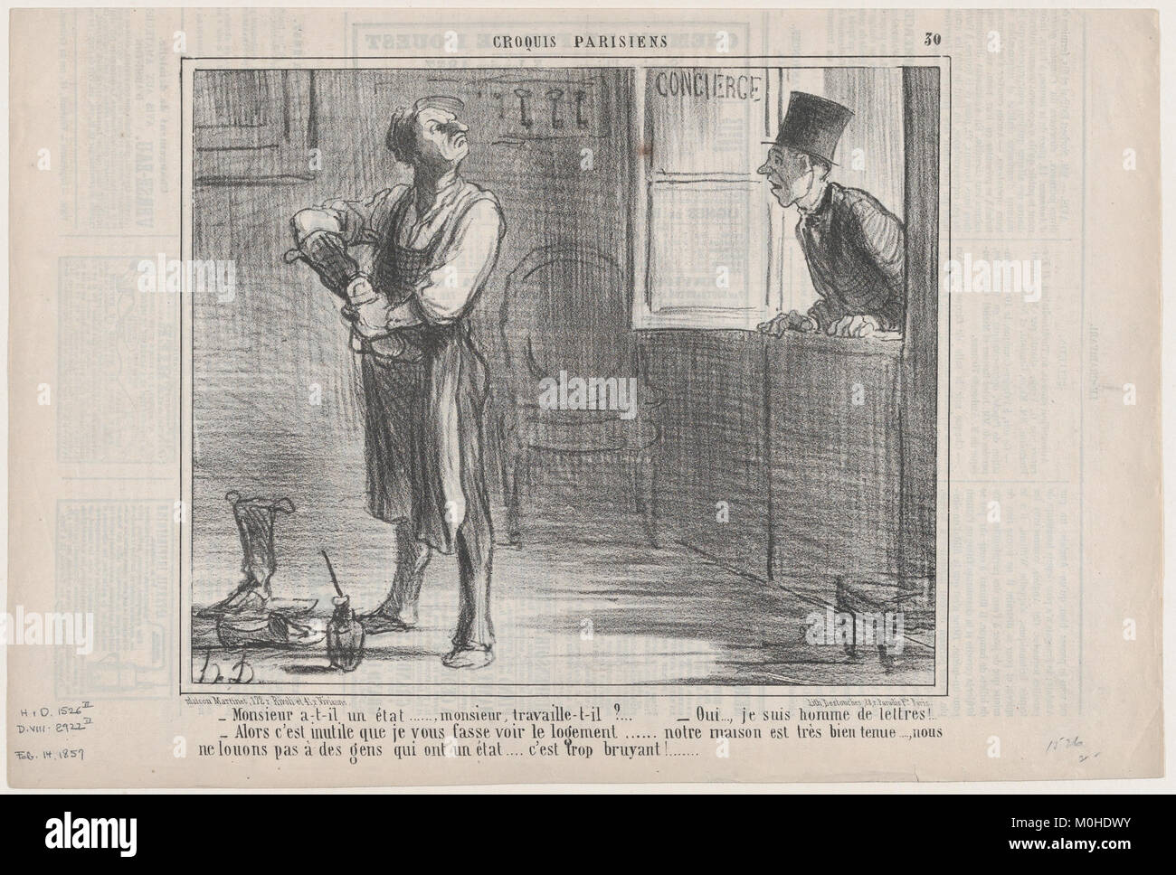 Questa stampa intitolata Monsieur a-t-il un état… Dalla serie Croquis Parisiens, pubblicata su le Charivari nel febbraio 1857, raffigura la satira sociale nella Parigi del XIX secolo, riflettendo il commento sulla vita quotidiana urbana. Foto Stock