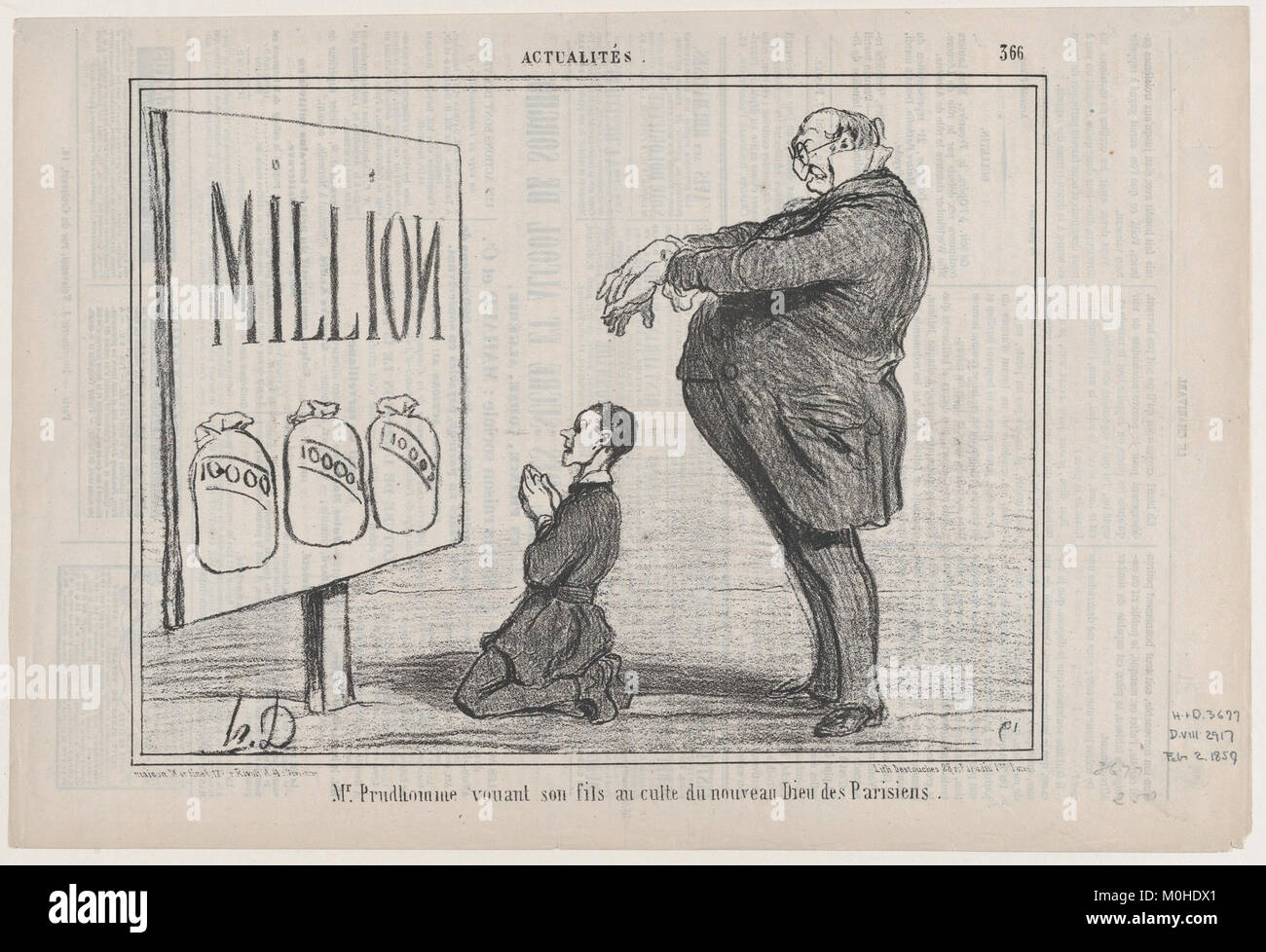 Questa stampa di Honoré Daumier pubblicata su le Charivari il 2 febbraio 1857 mostra un padre che nomina suo figlio come una nuova divinità immaginaria, in una comica interpretazione dei mutevoli atteggiamenti religiosi della società. Foto Stock