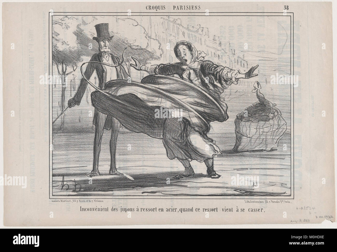 "Inconvénient des Jupons" di Croquis Parisiens (1857), pubblicato su le Charivari, ritrae umorialmente l'incidente di una molla d'acciaio che si rompe in una petticoat, satirizzando le tendenze della moda della metà del XIX secolo. Foto Stock