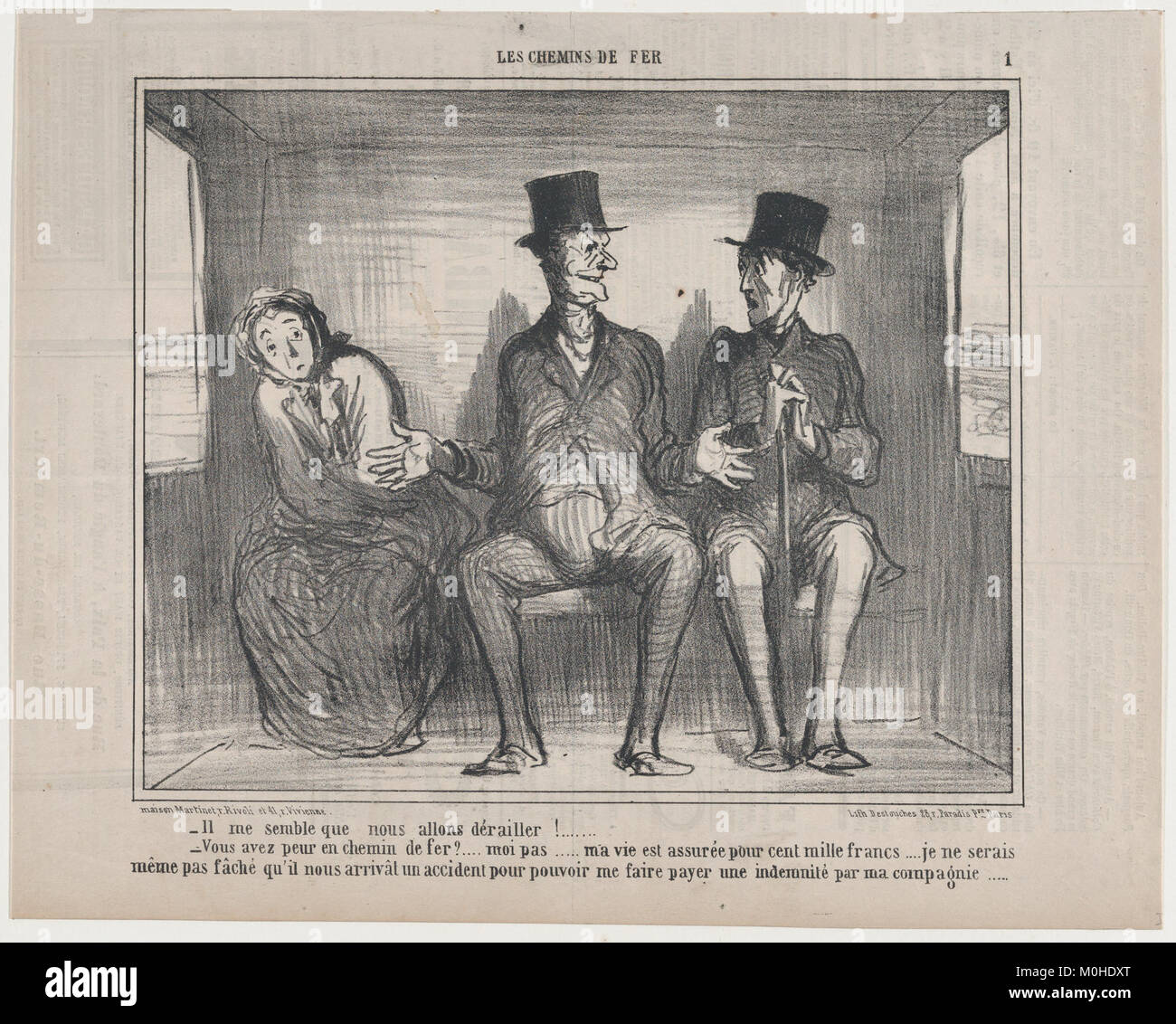 Un'illustrazione da le Charivari (1857) raffigurante una scena ferroviaria umoristica. Il cartone animato fornisce commenti satirici sui trasporti del XIX secolo e sulla vita pubblica in Francia. Foto Stock